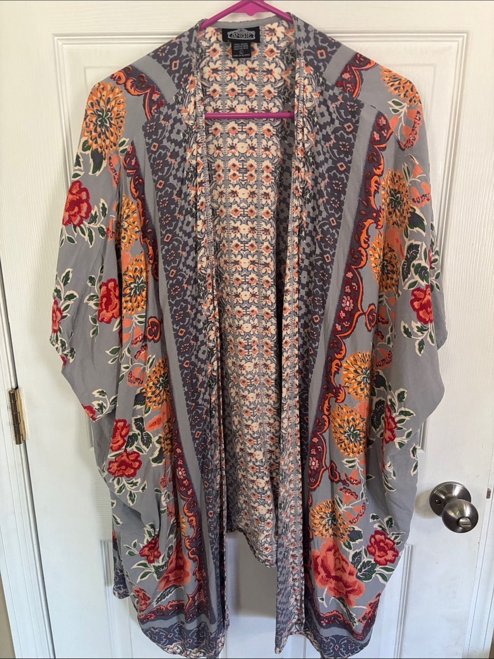 Angie Floral Open-Front Kimono in Gray with Orange and Red Blooms